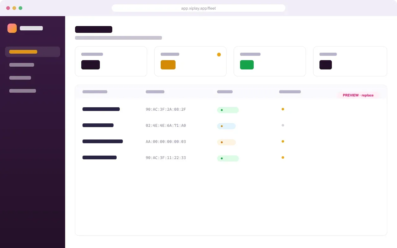 The XiPlay players dashboard showing BrightSign® device status, licensing and sites for a Xibo® CMS fleet